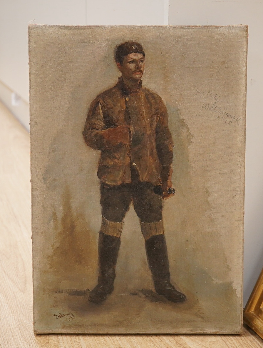 20th century School, oil on canvas, Full length study of a military gentleman, indistinctly signed and inscribed 'Yours truly, Wilfred Grenfell, MRCS, 44 x 30cm, unframed. Condition - good